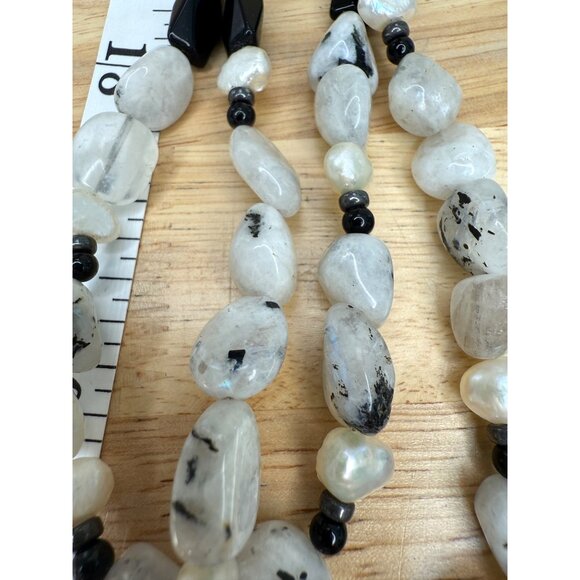 Handcrafted Multi-Strand Moonstone Pearl & Black Glass Necklace - Picture 2 of 10